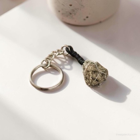 Raw Pyrite Keychain Wire Wrapped Pyrite Charm Handmade  - 2