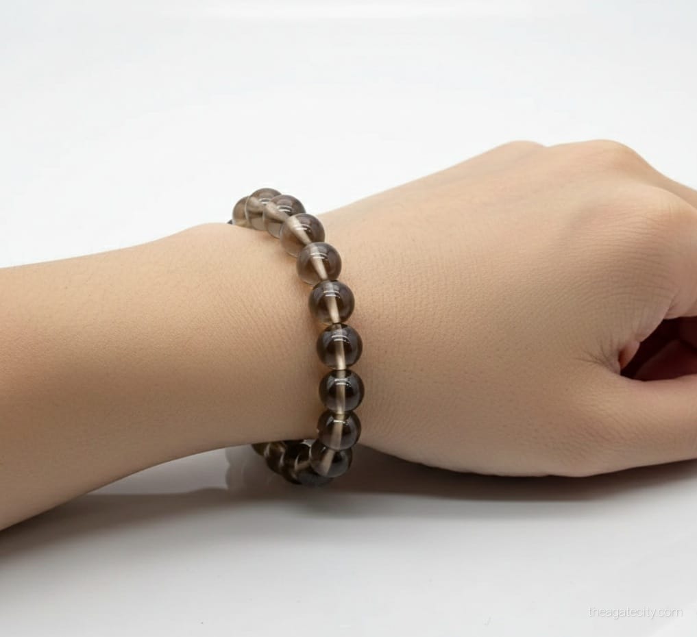 Natural Smoky Quartz 8 mm Smooth Round  Gemstone Beads Stretch Bracelet - 3
