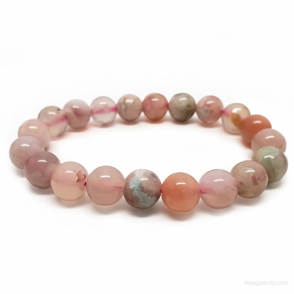 Natural Pink Flower Stone Bead 8 Mm Size Bracelet - 1
