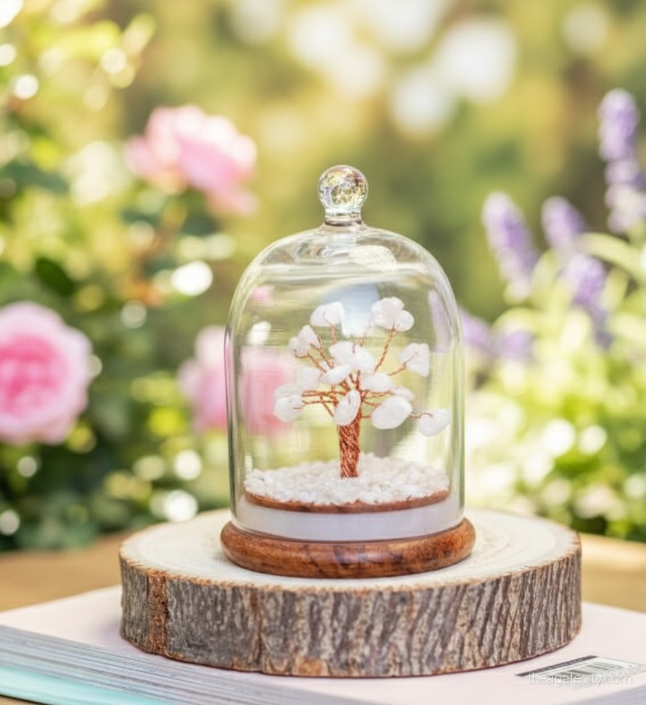 White Crystal Stone Tree in Glass Dome  - 2