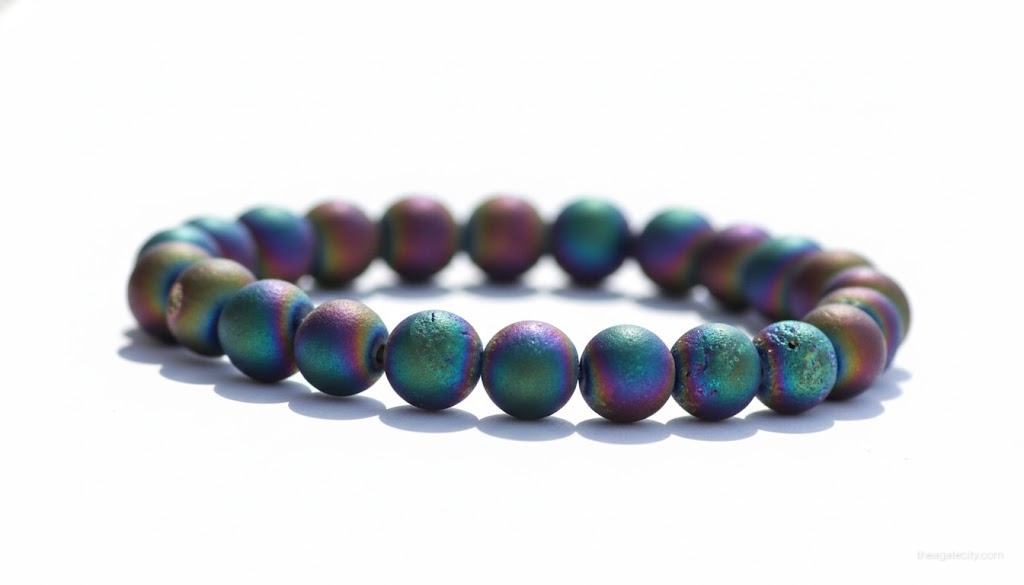 Druzy Peacock Agate Bead 8 Mm Bracelet - 1